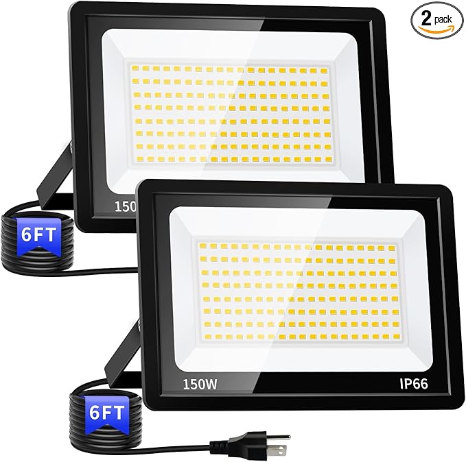 150W LED Outdoor Flood Lights with Plug 18000lm Bright Work Light with 6ft Cord 5000K Daylight White Exterior Floodlight IP66 Waterproof Security Light Yard Lights for Garage Stadium 2 Pack