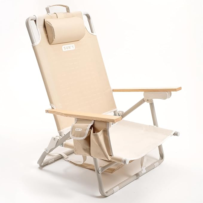 SUN'Y Escapes Backpack Beach Chair - Made w/Ocean Bound Plastics Customizable w/MOLLE Accessories Ultra Lightweight Low-Seat Natural Comfort Durable Rust Free &amp Waterproof - Natural Sand