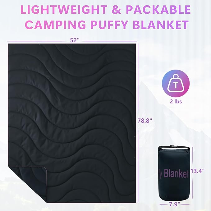 Camping Blanket Packable Lightweight Down Alternative Puffy Camping Picnic Outdoor Blankets Warm Waterproof Hammock Top Quilt for Sleeping Travel Stadium Hiking Indoor Cold Weather 55x78.8