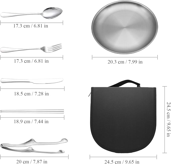 Stainless Steel Outdoor Camping Mess Kits - Includes Forks Spoons Knives Chopsticks Food Clip Plates - Portable Cutlery Bag