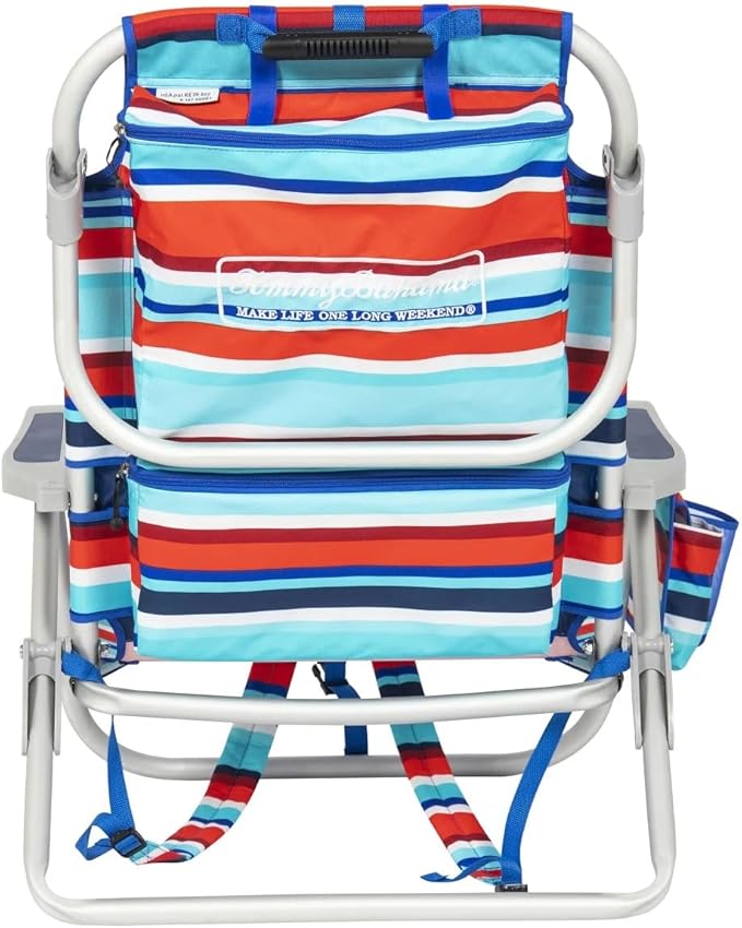 Tommy Bahama 5 Position Beach Chair Zippered Insulated Cargo Pouch Cup and Cell Phone Holders Towel Bar Pillow for Extra Comfort Heavy-Duty Weight Capacity 2-Pack (Red Stripes)