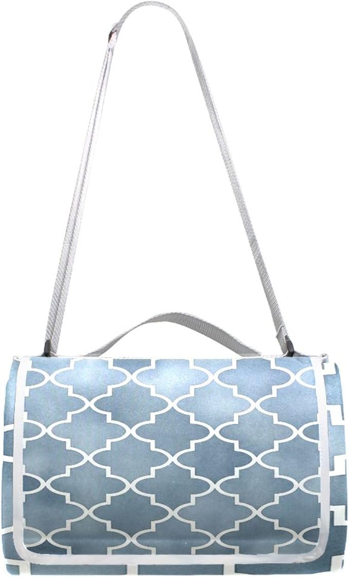MNSRUU Picnic Blanket Waterproof Foldable Grey Moroccan Large Outdoor Picnic Beach Camping Blanket Travel Mat Shoulder Strap Tote Rectangle 57x59in