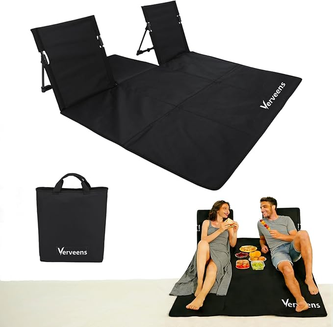 2-Person Portable Beach Lounge Chair with Carry Bag - Lightweight Outdoor Picnic Mat with Back Support for Beach Picnic Concerts Camping &amp Park (Black)