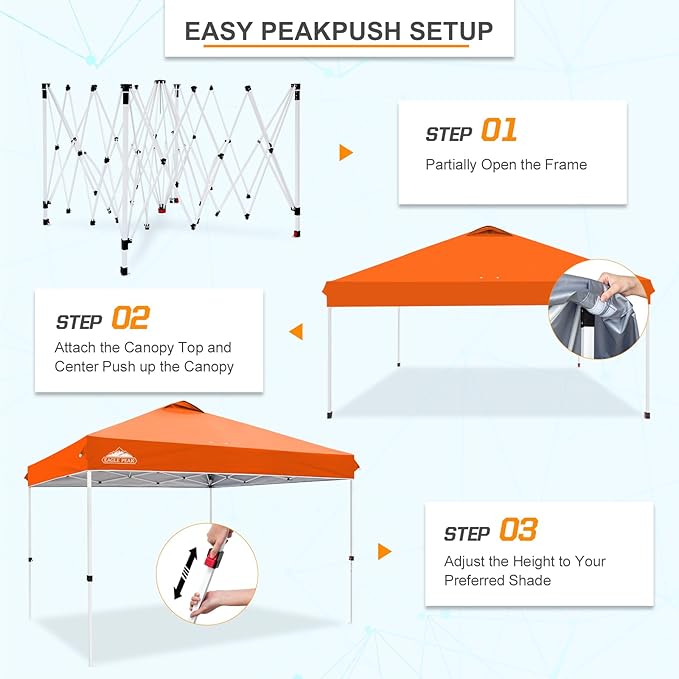 EAGLE PEAK Pop Up Canopy Tent with Wheeled Carry Bag 8 Stakes 4 Ropes 4 Weight Bags Easy Set Up Tent Canopy 12x12 ft 144sqft of Shade Orange