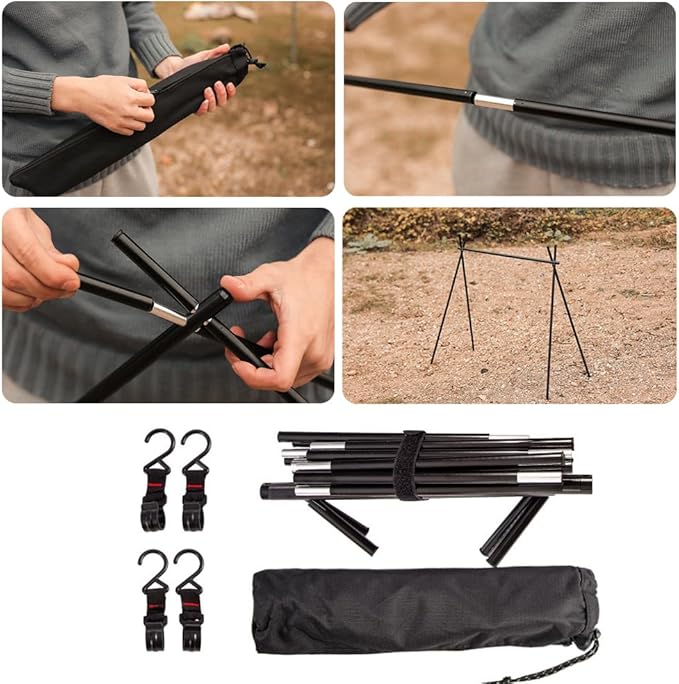 Foldable Tripod Camping Hanging Rack - 4 Hooks Outdoor Cookware Storage Portable Outdoor Camping Folding Rack