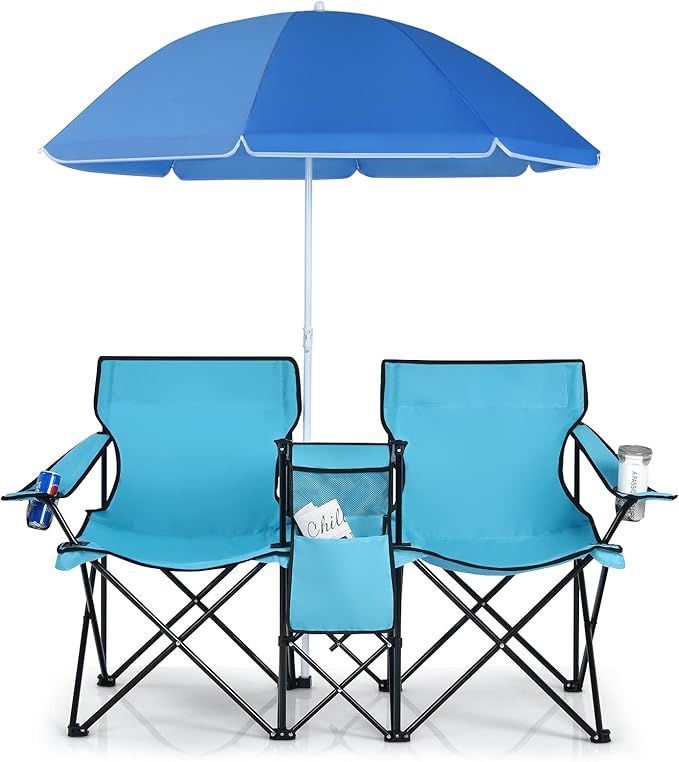 Double Camping Chair with Canopy Folding Camp Chairs w/Cup Holder Cooler &amp Carry Bag Table Side Pocket 2 Person Portable Beach Chair with Umbrella for Picnic Fishing (Turquoise)