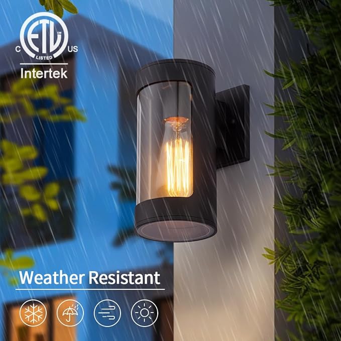 Cerdeco Black Outdoor Wall LightsCylinder Aluminum Porch Light with Transparent GlassModern Outdoor Wall Sconces2 Pack