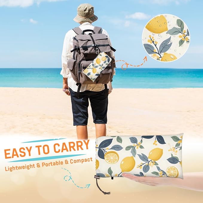 Waterproof Sandproof Beach Blanket 59''×68'' Lemon Flower Polyester Outdoor Picnic Blanket with 4 Stakes &amp Storage Bag for BeachCampingVacation Fruit