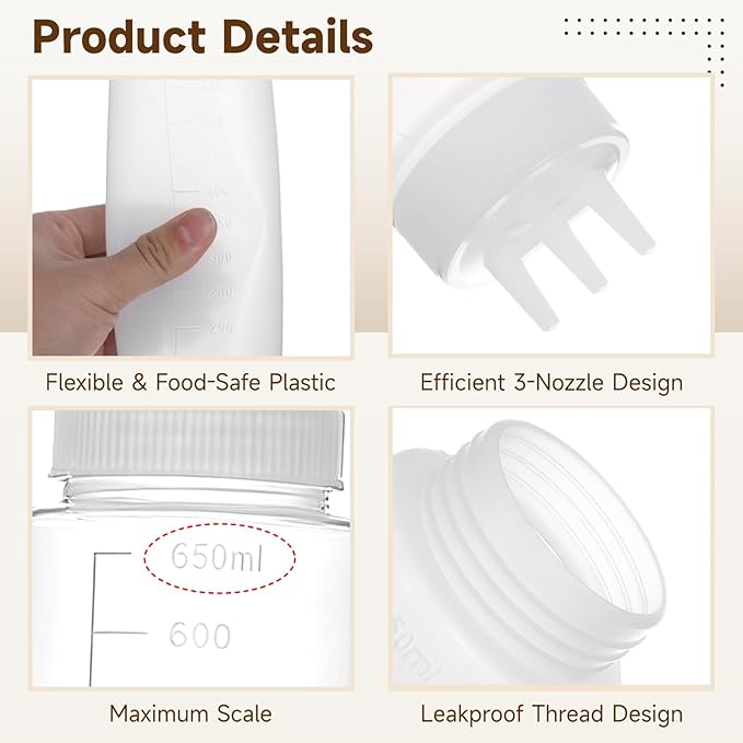 Sauce Bottle Squeeze 6-Pack 24 Oz 3 Hole Tri-Cone Nozzle Clear Dispensing Plastic Bottles For Ketchup Syrup Honey Includes Scale