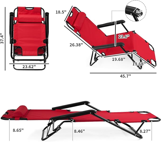 Reclining Camping Chair Portable Dual Purposes Extendable Folding Reclining Chair4 Adjustable Positions Patio Beach Chair for AdultsLawn Lounge Chairswith Headrestfor Garden Pool Sports (Red)