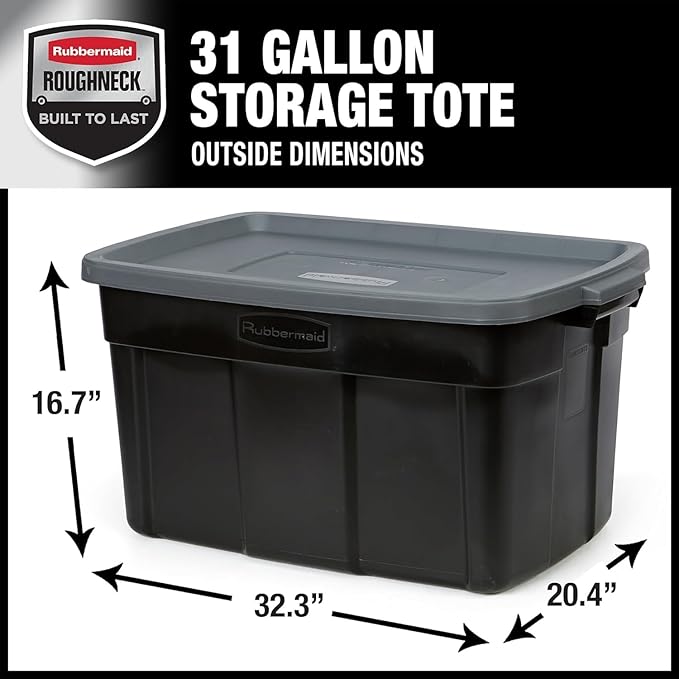 Rubbermaid Garage Storage Bins Black Plastic Stackable Storage with 3-Pack 31 GAL Capacity Totes for Storage Home Organization Durable - Heavy Duty (31 GAL - 3 Pack Solid Black and Grey)