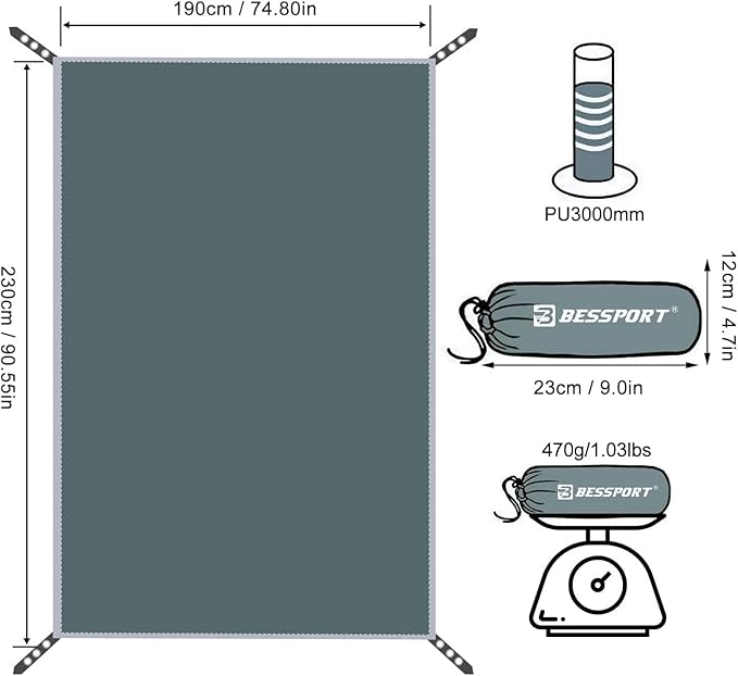 Bessport Camping Tent for 3 Person and Bessport Tent Waterproof Camping Tarp with Drawstring Carrying Bag for Picnic Hiking and Other Outdoor Activities