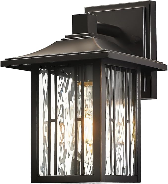 Modern Outdoor Wall Lights Exterior Porch Lights Fixture Wall Mount Waterproof Outside Wall Sconce with Water Ripple Glass Oil Rubbed Bronze Patio Wall Lantern for Garage House 1 Pack