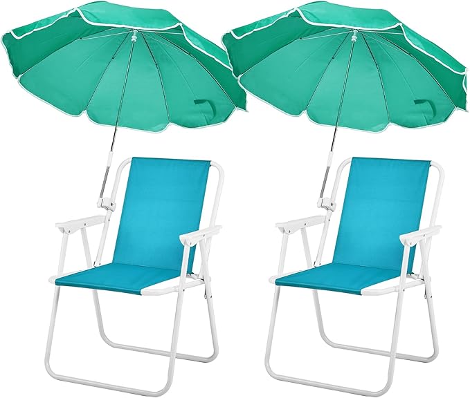 Folding Beach Chair with Umbrella – Portable Lightweight Lounge Chair for Adults with High Back &amp Heavy-Duty Frame UPF Sun Protection for Beach Camping Park Concerts (Mint Green)