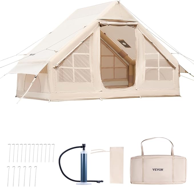 VEVOR Inflatable Tents for Camping Easy Setup Blow up Tent with Hand Pump 4 Season Glamping Tent with Stove Jack Doors &amp Mesh Windows Storage Bag Included for Easy Taking