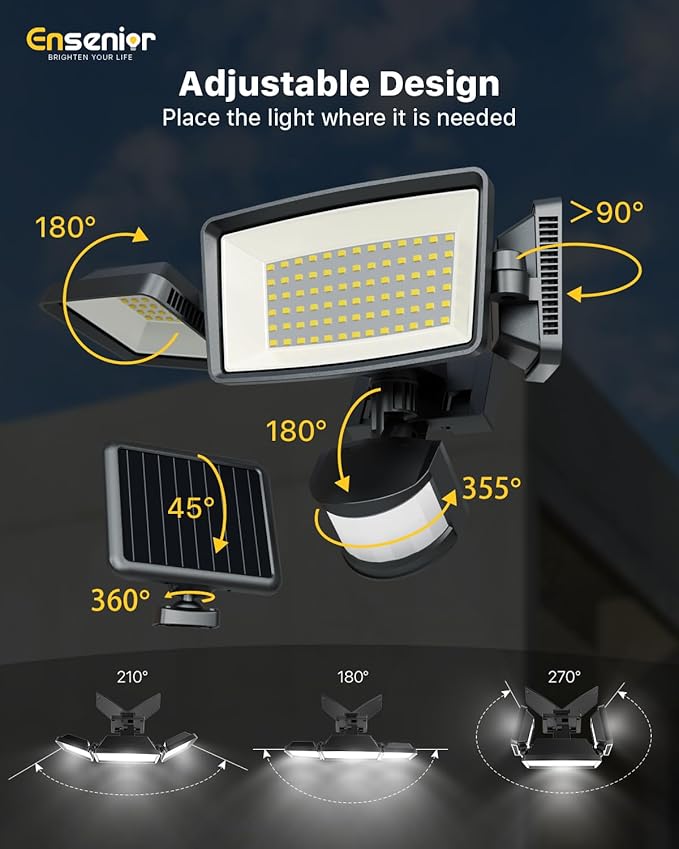 Ensenior 5 Motion Sensor Modes Solar Security Light 1800LM 270° Wide Angle 3 Heads LED Flood Lights IP65 Waterproof Wall Lights Separate Solar Panel Remote Control Solar Lights Outdoor
