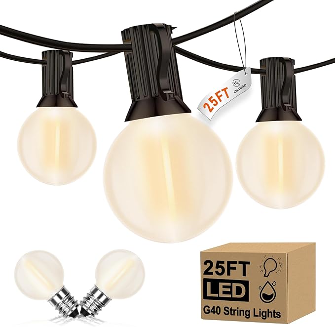 G40 25FT LED Outdoor String LightsFrosted Patio Lights with 27 (2 Spare) Plastic Shatterproof Globe BulbsConnectable Outside Hanging Lights for PorchGarden BackyardWedding Decor
