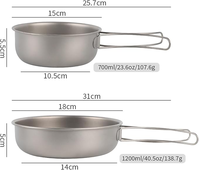 Camping Frying Pan Ultralight Titanium Outdoor Cookware for Hiking Backpacking Portable Folding Handle Mess Kit Skillet (700ml/1200ml)