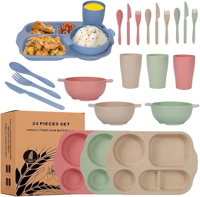 24 Pcs Wheat Straw Dinnerware Cutlery SetsUnbreakable Divided Plates Bowls Cups Spoon Knife Fork for 4 PeopleMicrowave Dishwasher Safe Tableware Cutlery for Party and Daily UseMix Color 3