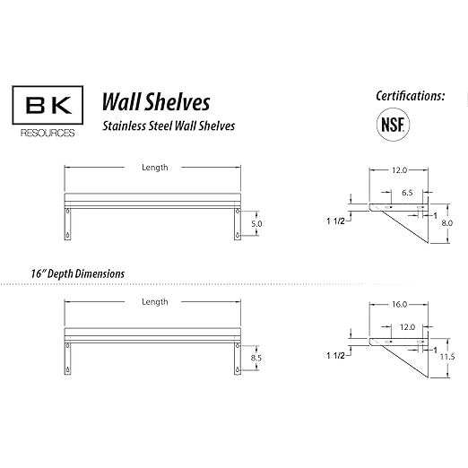 BK Resources Stainless Steel Wall Shelf 12x 48 18 Gauge T-430 Steel NSF Commercial Kitchen Food Service Use 1.5 Backsplash Angle Supports BKWSE-1248