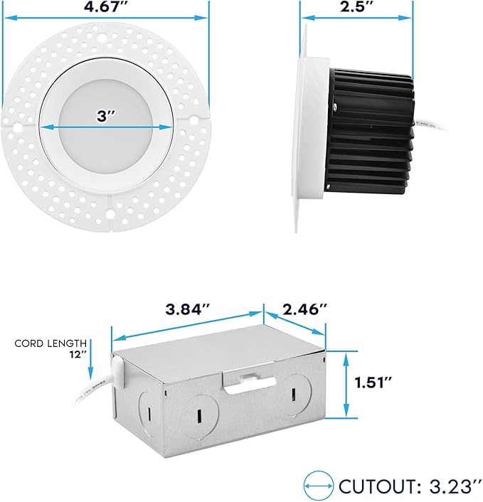 LUXRITE 3 Inch Trimless LED Recessed Light with Junction Box 5CCT Selectable 2700K-5000K 10W 750LM Dimmable Wet &amp IC Rated Canless Downlight ETL Listed New Construction and Remodel (6 Pack
