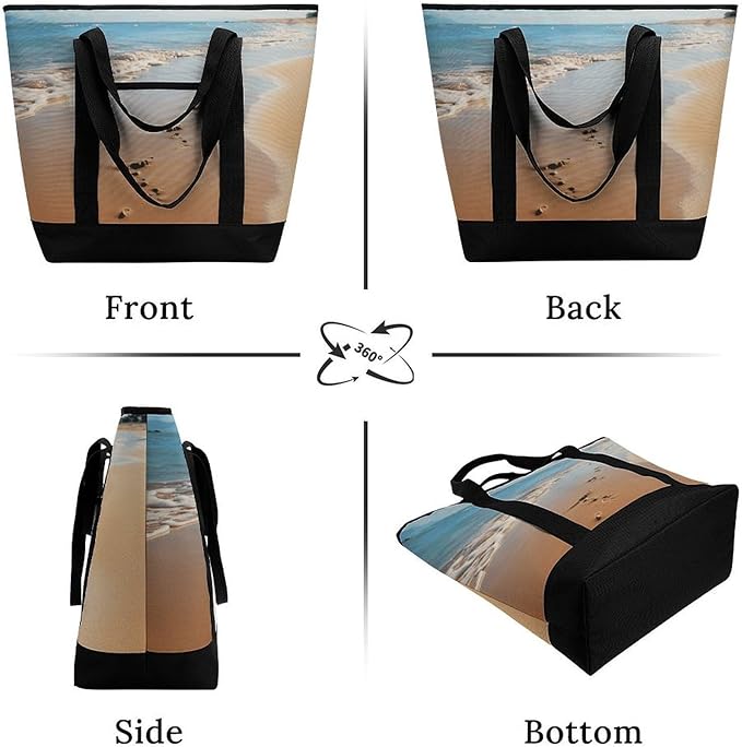 Insulated Shopping BagLarge Reusable Cooler Bags Beach Footprints Printed Foldable Shopping BagTravel Waterproof Shoulder Bag