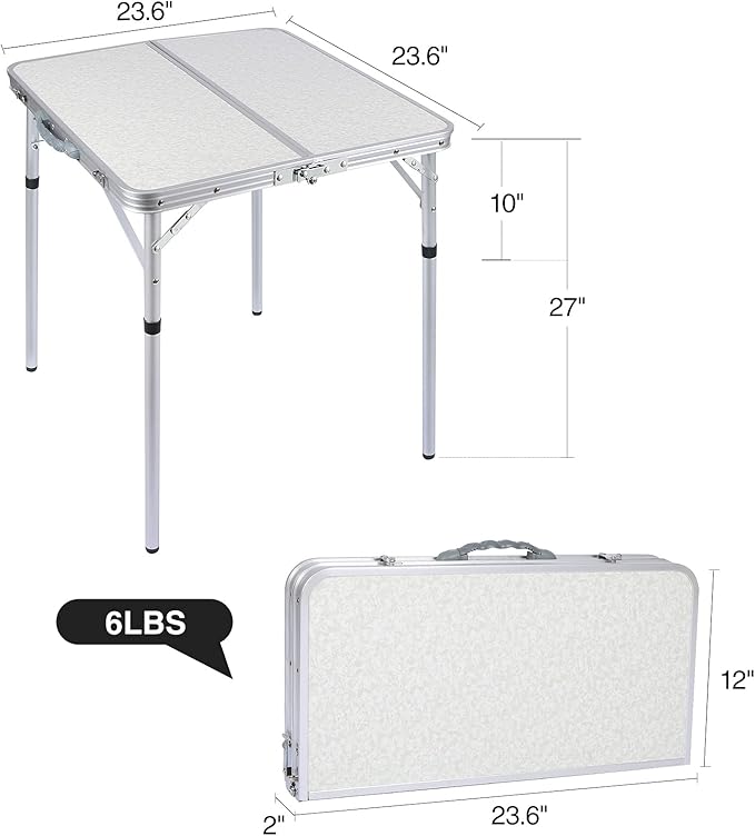 REDCAMP 24 Square Small Folding Camping Table with Adjustable Heights Legs Lightweight Portable Aluminum Fold in Half Card Tables Bridge Tables for Outdoor Picnic White