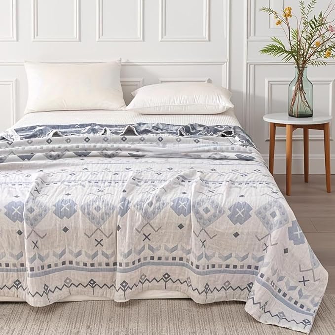ITFRO Boho Cooling 3 Layer Cotton Muslin Blanket for Hot Sleepers Twin Size 60x80 Inches Lightweight Breathable Reversible Summer Camping Blanket All Seasons for Couch Sofa Bed (Boho Blue 60x80)