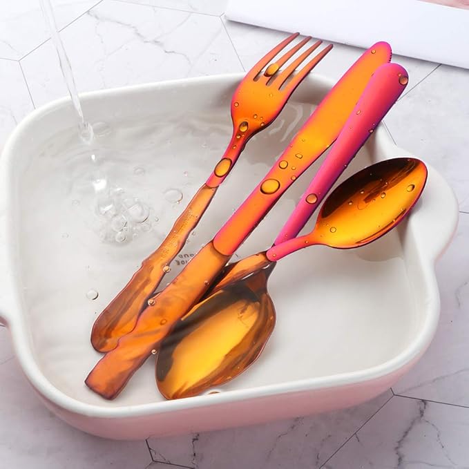 Buyer Star 20-Piece Rainbow Red Silverware Flatware Set for 5 Light Weight Cutlery Sets for Travel Camping Hand Polish Dishwasher Safe