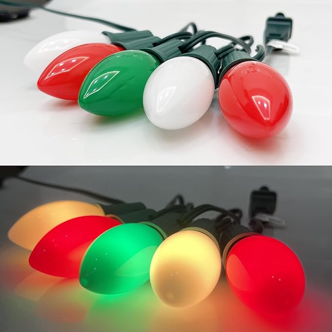 SUNSGNE C9 LED Outdoor Vintage Christmas Lights 25FT Christmas Tree Lights with 26 0.6W LED Red Green White Bulbs(1 Spare) for Patio Garden Holiday Home Décor Green Wire