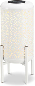 Glitzhome Solar Lantern White Metal Cutout Flower Pattern Outdoor Hanging Solar Light with Stand for Garden Patio Yard Outdoor Decor