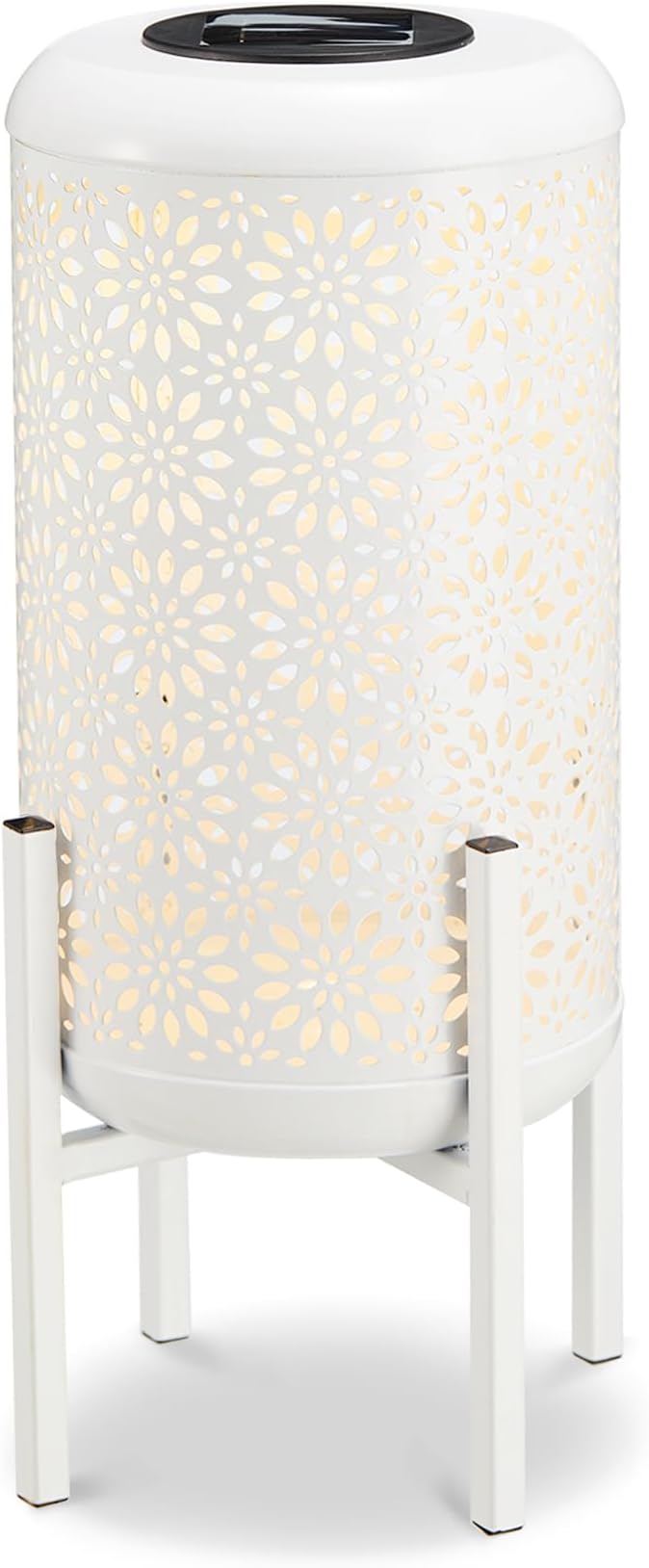 Glitzhome Solar Lantern White Metal Cutout Flower Pattern Outdoor Hanging Solar Light with Stand for Garden Patio Yard Outdoor Decor