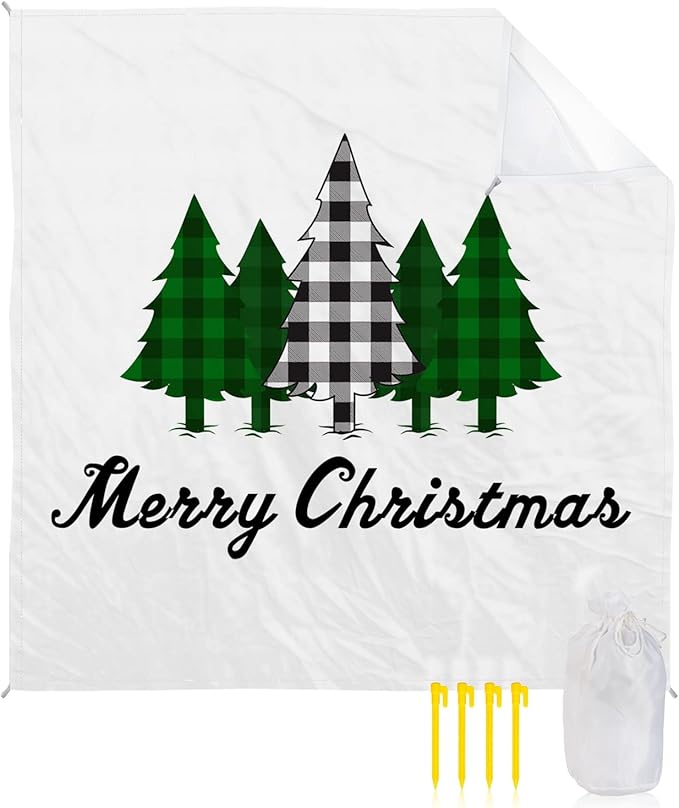 Beach Blanket Waterproof Sandproof OversizedMerry Christmas Buffalo Tree Plant Beach Mat with Corner Stakes Sand PocketsGreen Check Xmas Trees Outdoor Picnic Mat for Travel Camping Hiking 83x79In
