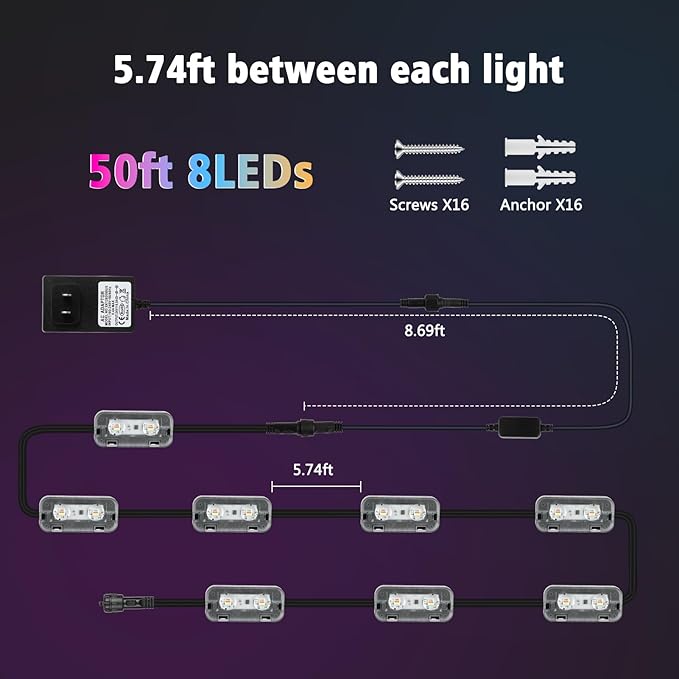 ZAIYW Outdoor Fence Lights 50ft 8 Pack Smart RGB Build in Chip Color Changing Deck Lights with Timer Remote APP Plug in LED String Lights Waterproof for Backyard Garden Patio Decor