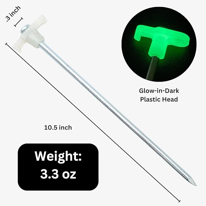 6-Pack Tent Stakes Heavy Duty 10.5 Steel Pegs with Glow-in-Dark Heads for Outdoor Mats Tents Rugs