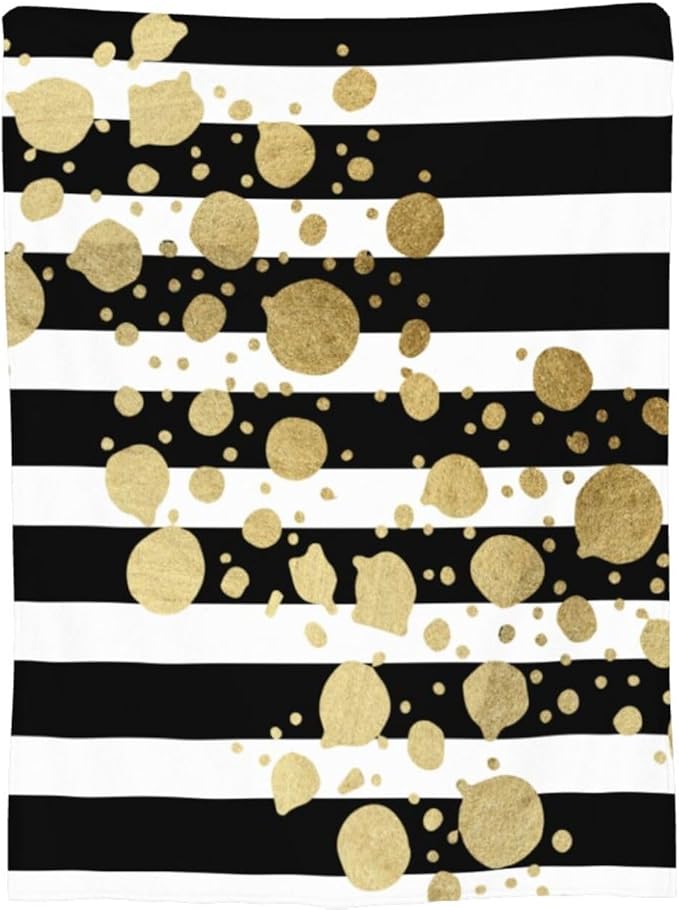80X60 Faux Gold Paint Splatter On Black &amp White Stripes Lightweight Flannel Blanket - Soft and Breathable Polyester Suitable for Travel Camping and Home Decoration