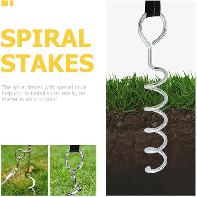 Toyvian Spiral Ground Anchor Tent Stakes Heavy Duty Steel Dog Tie-Out Stakes with Sturdy Webbing Set of 4 for Outdoor Camping and Pet Security