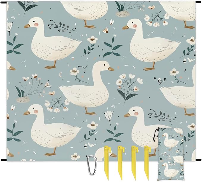 Waterproof Sandproof Beach Blanket 59''×68'' Ducks Polyester Outdoor Picnic Blanket with 4 Stakes &amp Storage Bag for BeachCampingVacation Light Gray