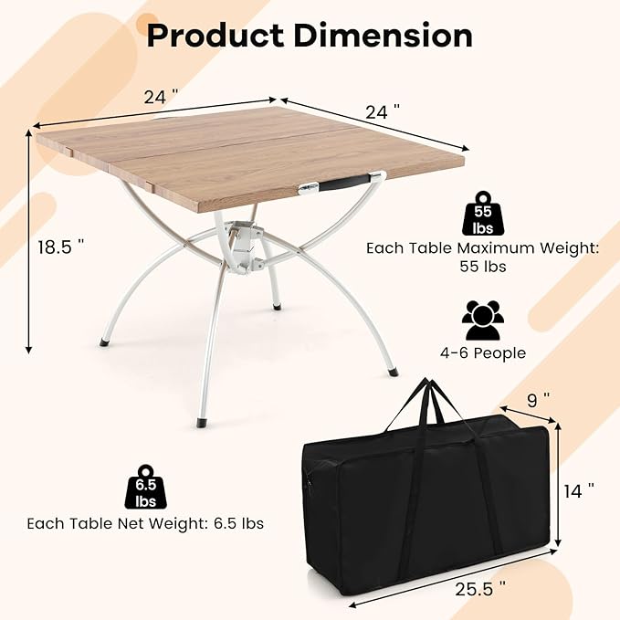 Goplus Aluminum Camping Table 2 PCS Folding Picnic Tables w/Extendable Design Wood-Grain Tabletop Carrying Bag Non-Slip Foot Pads Portable Beach Table for Camp Hiking BBQ Party
