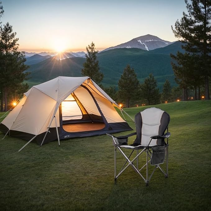 Large Camping Chair with Side Table Heavy Duty 500LBS - Folding Outdoor Chair with Cooler Bag (Black &amp Light Gray 1 PCS)