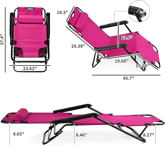 Reclining Camping Chair Portable Dual Purposes Extendable Folding Reclining Chair4 Adjustable Positions Patio Beach Chair for AdultsLawn Lounge Chairswith Headrestfor Garden Pool Sports (Pink)