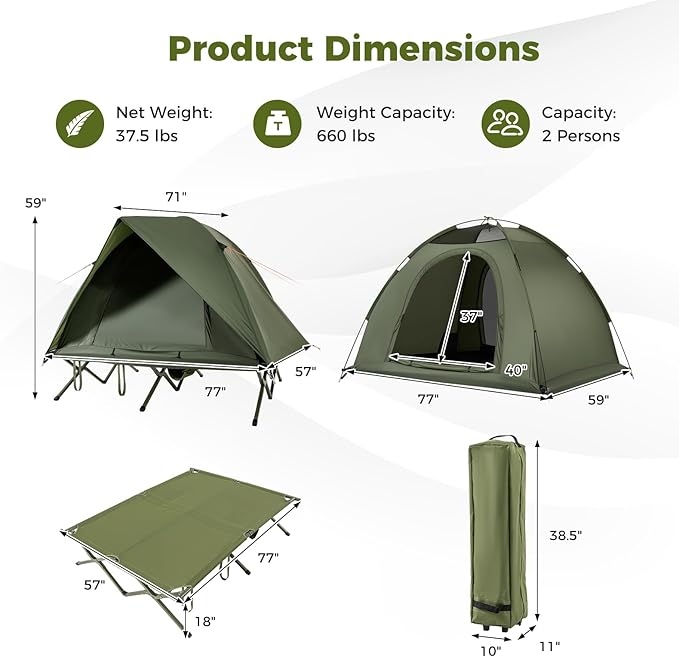GYMAX 2-Person Tent Cot 3 in 1 Folding Off-Ground Cot Bed Combo with Portable Wheeled Bag Waterproof Rainfly 2 Mesh Doors &amp Skylight Roof for Hiking Backpacking Outdoor