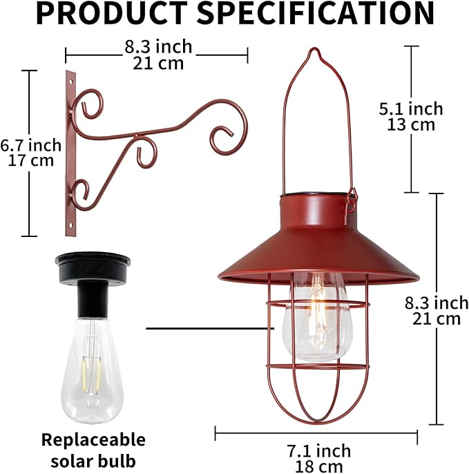 2 Pack Solar Lantern Hanging Waterproof Outdoor Metal Solar Lamp with Wall Hooks Warm White Light Decorate for Yard Garden Pathway Patio Porch Decor(Red)