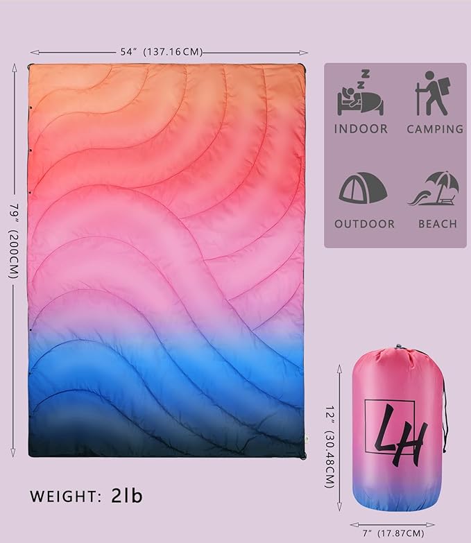 Outdoor Puffy Camping Blanket Lightweight Down Alternative Puffy Waterproof Stadium Blanket with Portable Bag Lightweight Camping Blanket for 2 People Cold Weather Sports Travel Car 79*54 inch