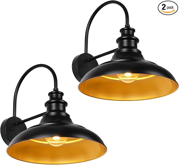 Outdoor Barn Light Fixtures 16 Inch Large Dome Farmhouse Exterior Wall Mount Lights Rustic Wall Sconces Indoor Wall Lighting Industrial Black Gold Lanterns for Porch Garage 2 Pack