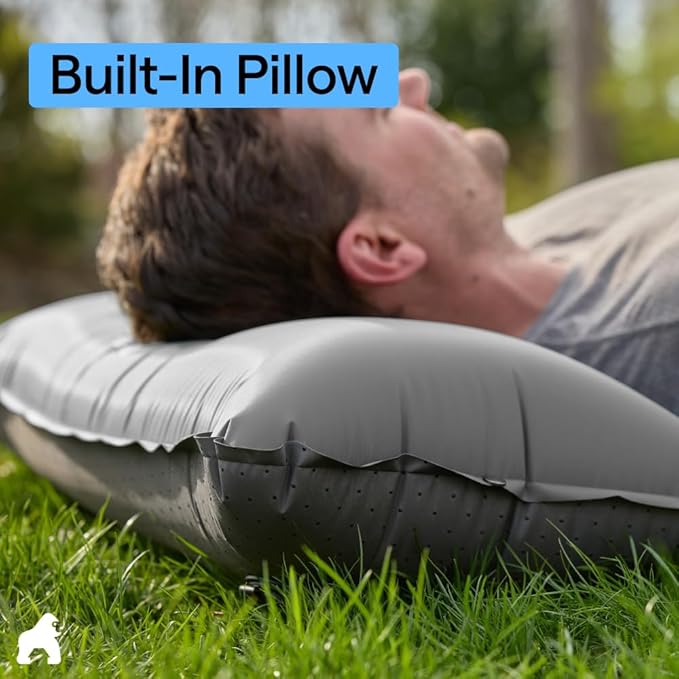 GORILLA GRIP Slip-Resistant Inflatable Sleeping Pad Puncture Resistant Lightweight Camping Mattress Foot Pump Air Mats for Travel Backpacking Inflating Bed Camp Sleep Pads for Tent Gray
