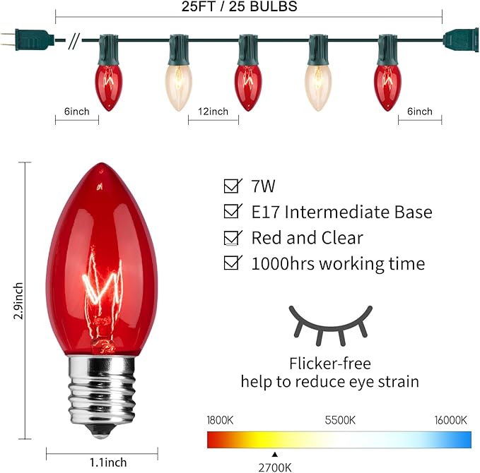 Minetom C9 Red &amp Clear Christmas String Lights 25FT 25 Blubs Bright &amp Warm Outdoor Christmas Lights Long Life C9 String Lights for Tree Patio Gazebo Wreath Green