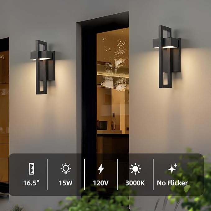 tewei 16.5'' Modern LED Outdoor Wall Sconce Integrated LED Outdoor Light Fixtures Wall Mount Exterior Lights Black Front Porch Outside Lighting for House Backyard Warm White 3000K 1 Pack