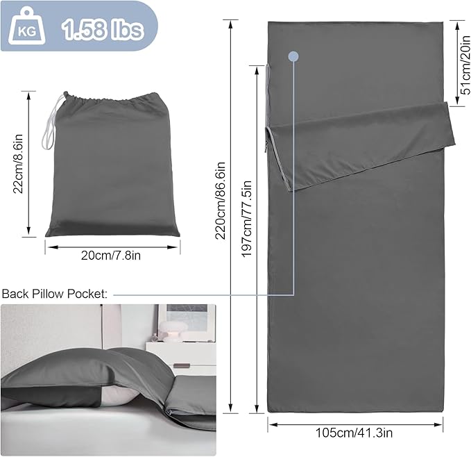 Sleeping Bag LinerLong Staple Cotton Adult Sleep Sack &amp Travel SheetsTravel Sleep Sack for Backpacking Hotels &amp Hostels Lightweight Travel Sheet Camping SheetsHas Full Length Zipper