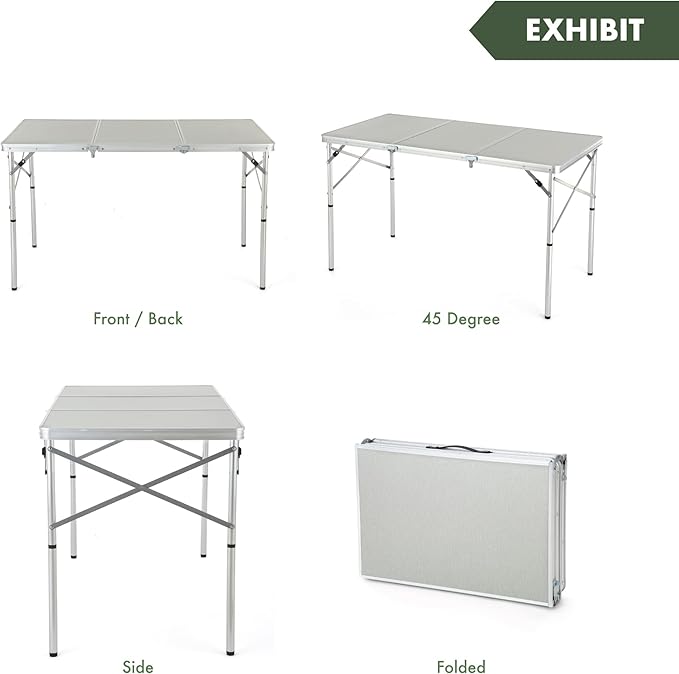 ARROWHEAD OUTDOOR 4’ ft Heavy-Duty Portable Aluminum Frame Folding Table w/Leveling Feet Solid Tabletop Surface 2 Adjustable Heights Carrying Case Included Lightweight USA-Based Support